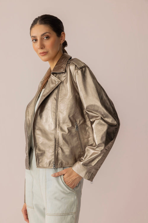 Astrid Shimmer Leather Jacket in Cosmic Silver