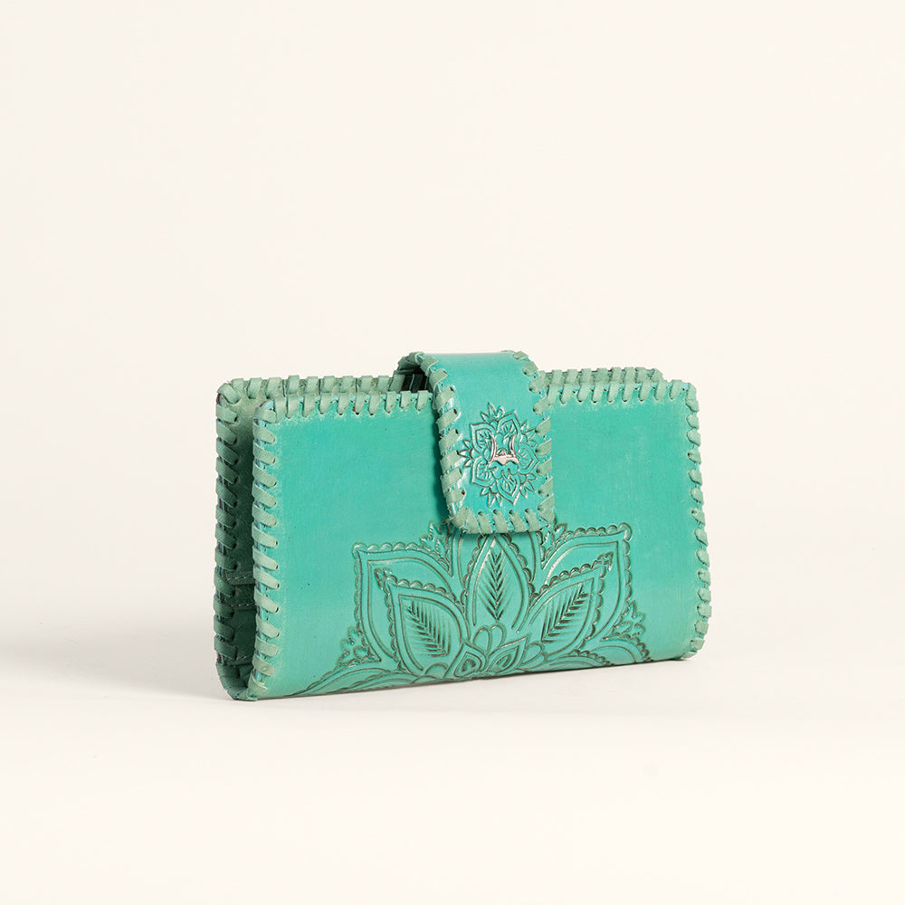 Loyal West Desert Lotus Wallet  - Turquoise  Handtooled Leather & Calfskin