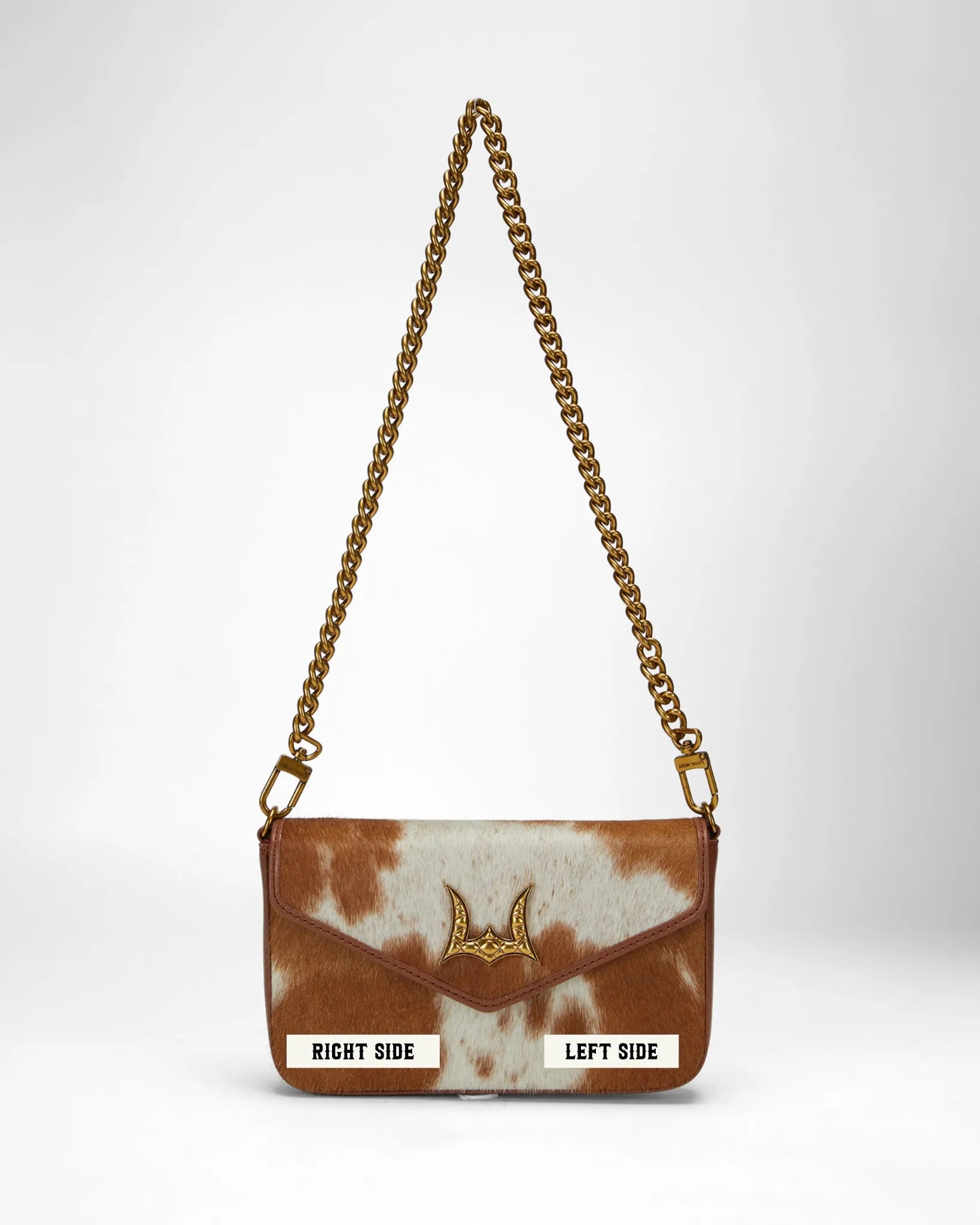 Loyal West The LW On The Go Mini Chain Bag- In Brown & white Cowhide and calfskin