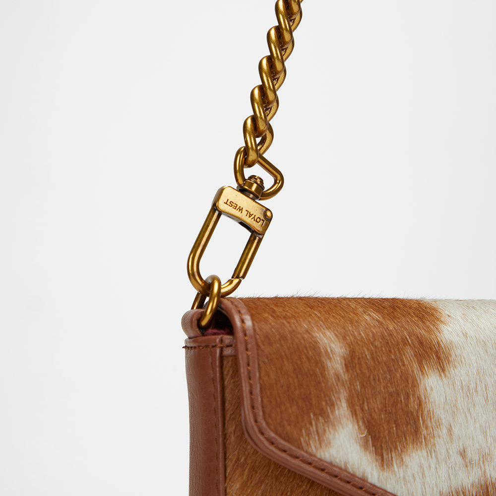 Loyal West The LW On The Go Mini Chain Bag- In Brown & white Cowhide and calfskin