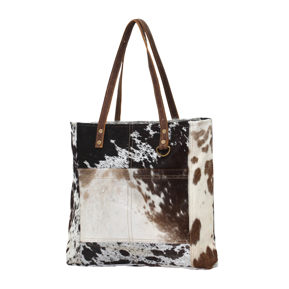 Myra Mesa Trail Patchwork Hairon Tote Bag for Women Rustic Cowhide Design, Brown Leather Handles for Everyday Utility