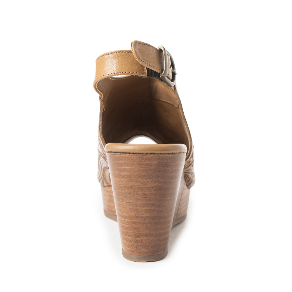 Myra Mila's Trail Embossed Leather Wedge Heels for Women Tan Floral Design, Adjustable Buckle, Comfortable Western Platform