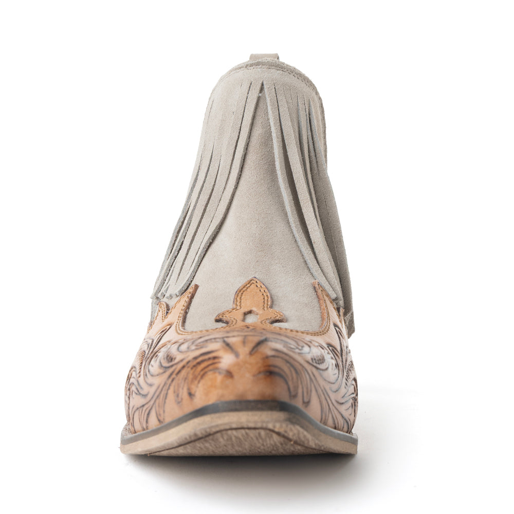 Myra Cimarron Belle Fringed Handtooled Leather Booties in Wild Tan
