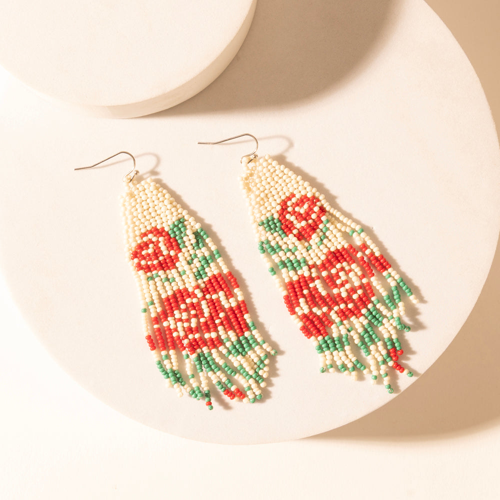 Myra Rose Garden Beaded Fringe Earrings in Cream Ivory