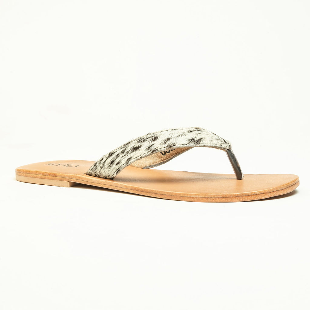 Myra Echo Valley Hairon Leather Sandals in Spotted Ivory