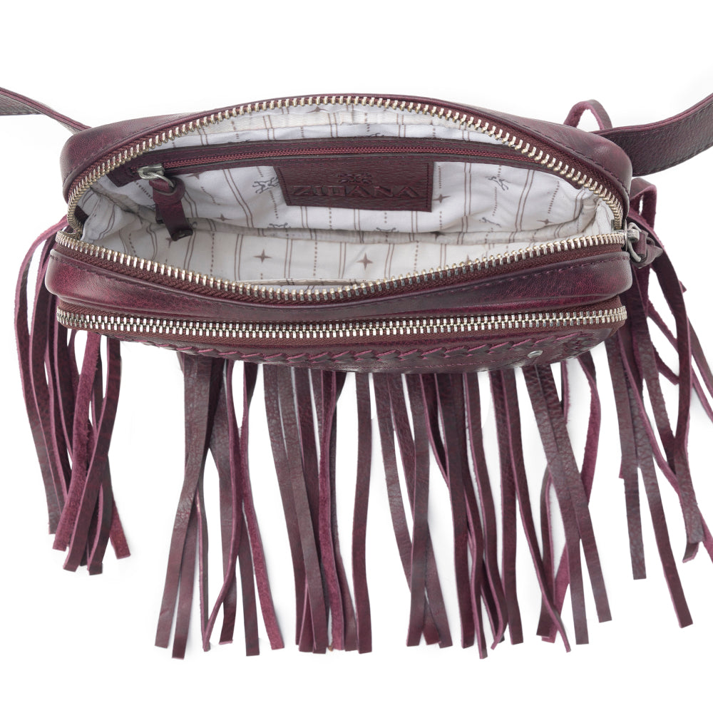 Myra Zidana Stormy Trails Fringed Veg Tanned Leather Bag in Raven Dusk