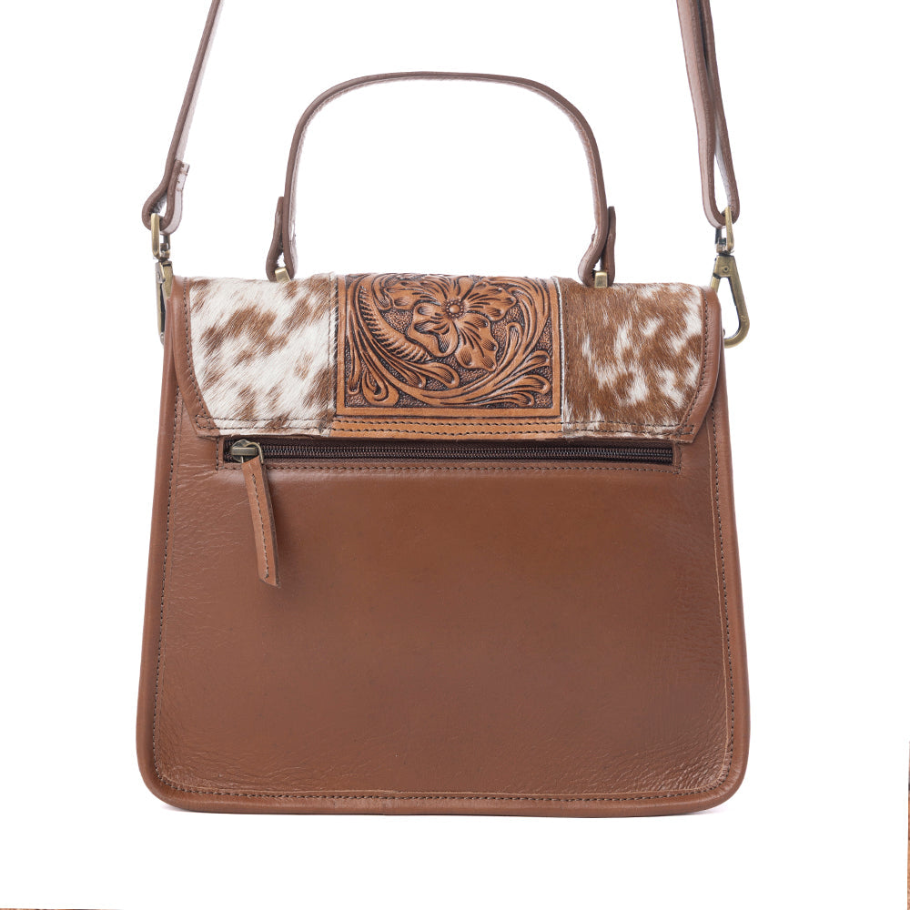 Myra Duchess Hairon Handtooled Flap and Button Leather Satchel in Mocha Cream