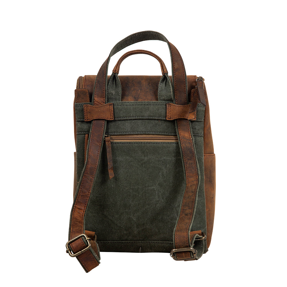 Myra Carriage Port Slimline Backpack - Aged Leather Flap, Rustic Daypack for Daily Commute & Outdoor Travel