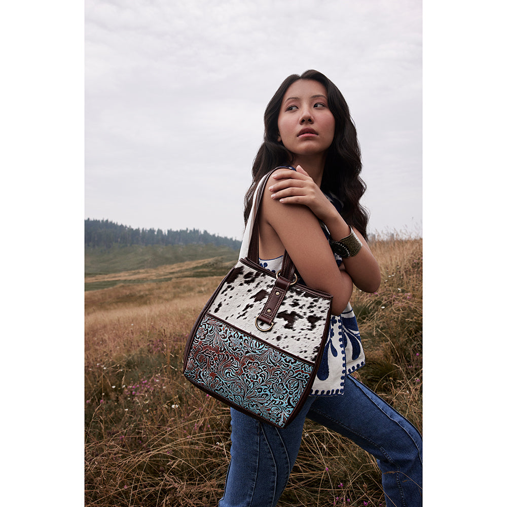 Myra Mountain Trail Convertible Crossbody Bag – Turquoise Embossed Leather & Hairon Panel with Ring Accent