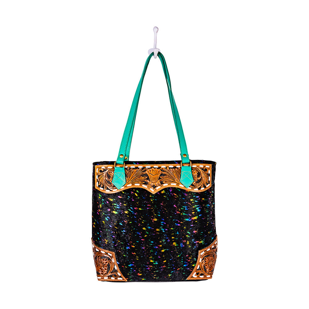 Myra Galaxy Fire Handtooled Shoulder Bag Black Sparkle Body with Aqua Leather Straps