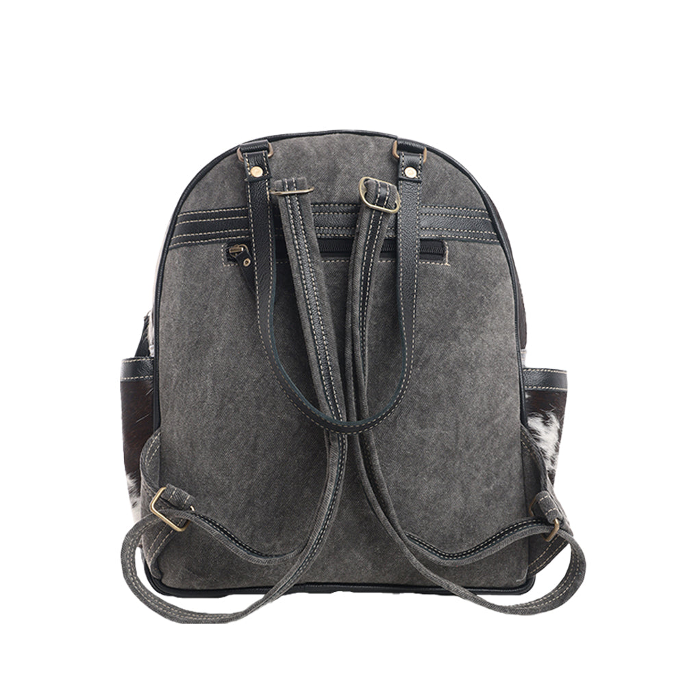 Myra My Vista Hairon Leather Backpack – Dual Handles, Floral Tooled Patch, Spacious Compartments