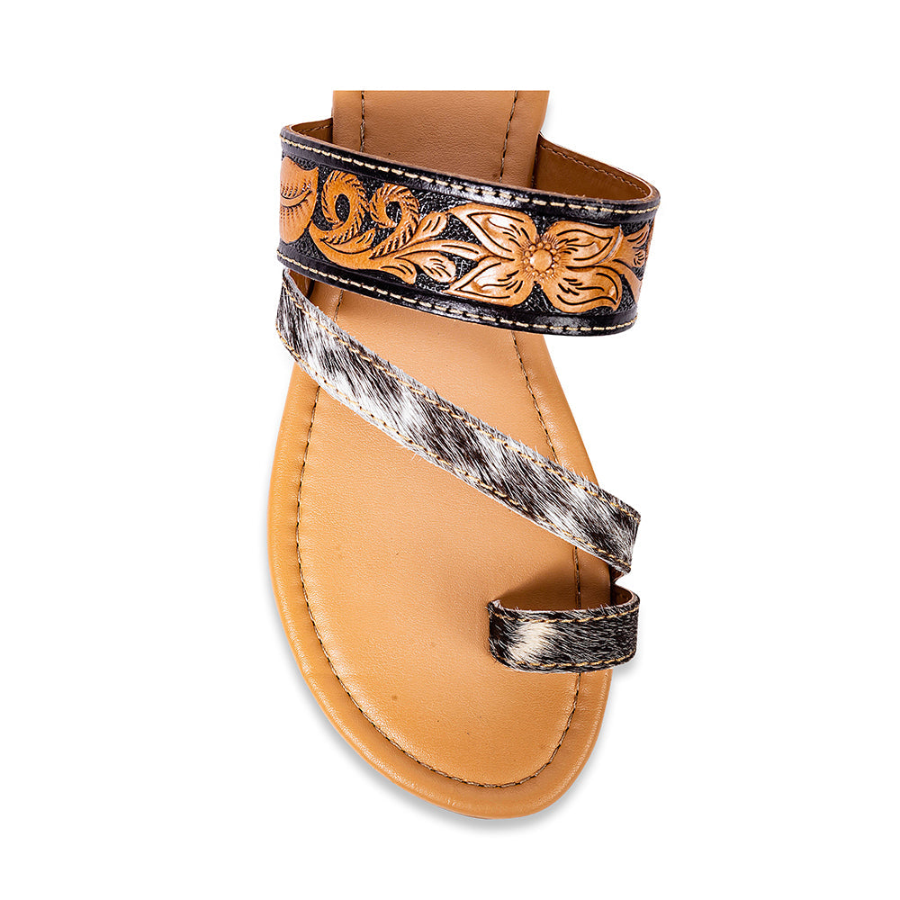 Myra Greta Lee Hair-On Leather Flip Flops for Women - Hand-Tooled Western Slippers with Flat Sole for Everyday Ease